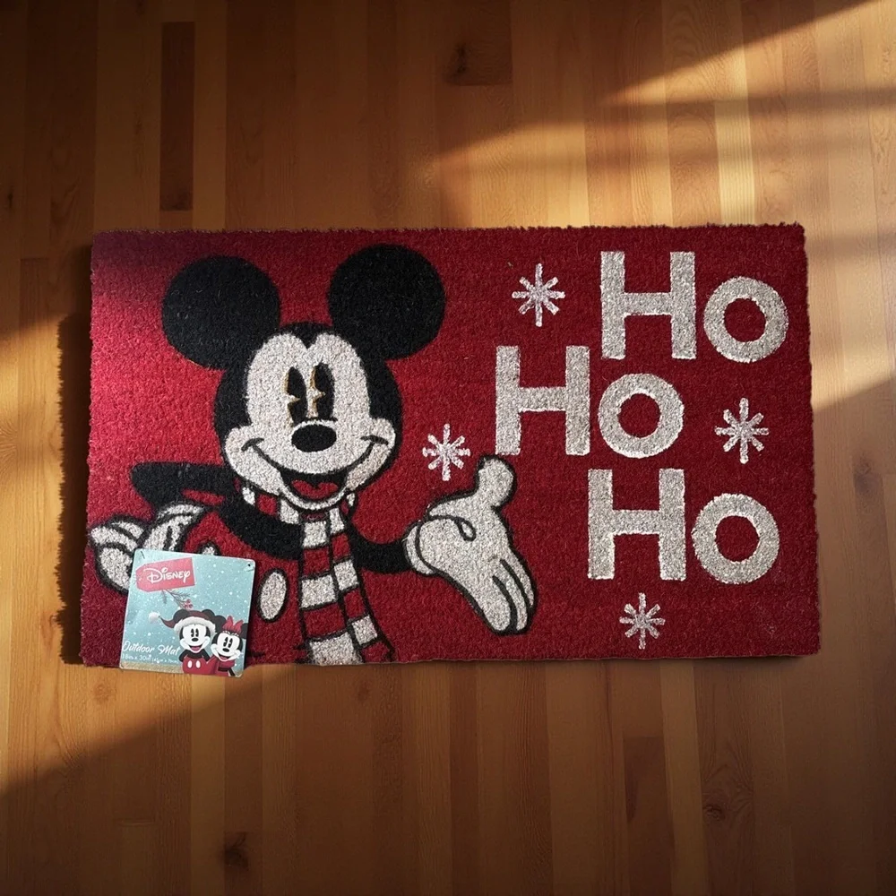 Disney Mickey Mouse Christmas Holidays Snow Flakes Red Coir Outdoor Mat 18”X30”